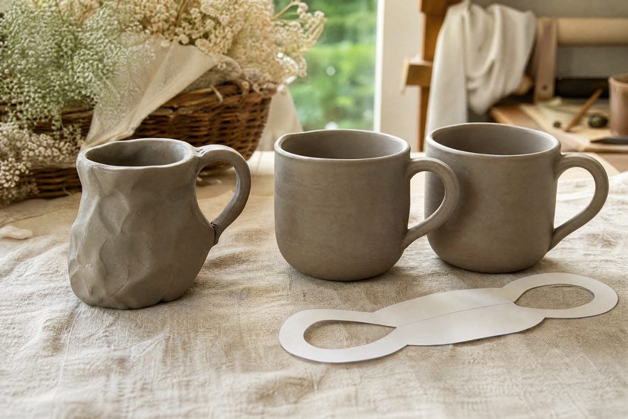 freehand (leaning walls, mismatched pair) → template (clean joins, matching set)