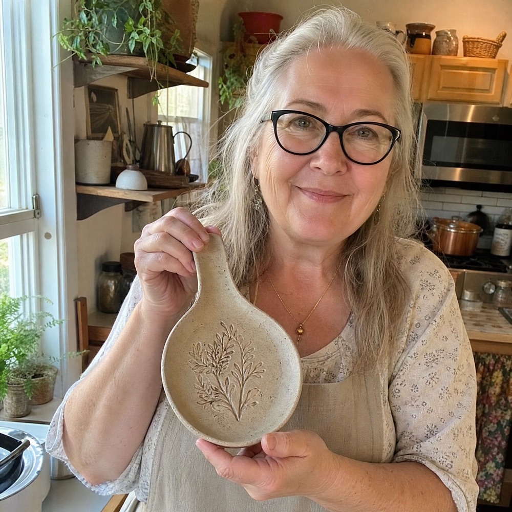 Marion S. holding her handmade ceramic piece at home