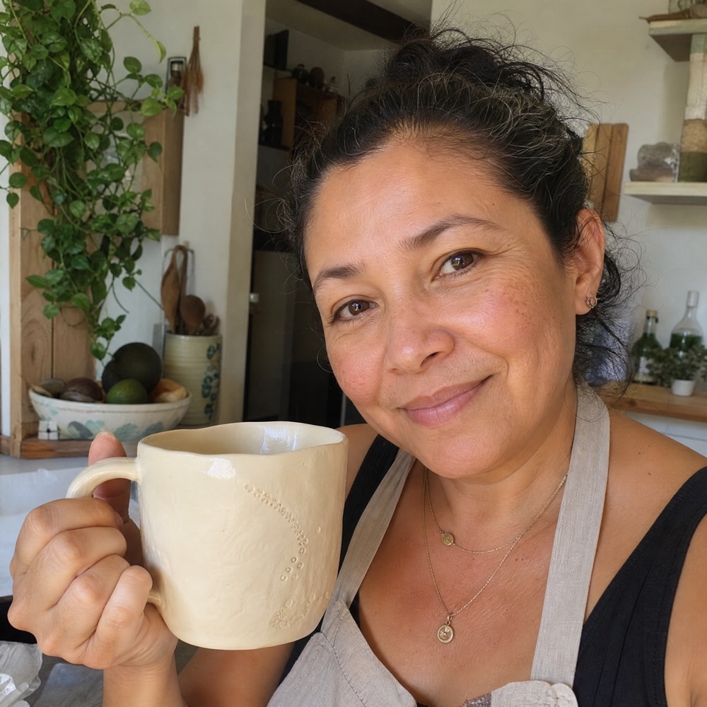 Sofia L. holding her handmade ceramic piece at home