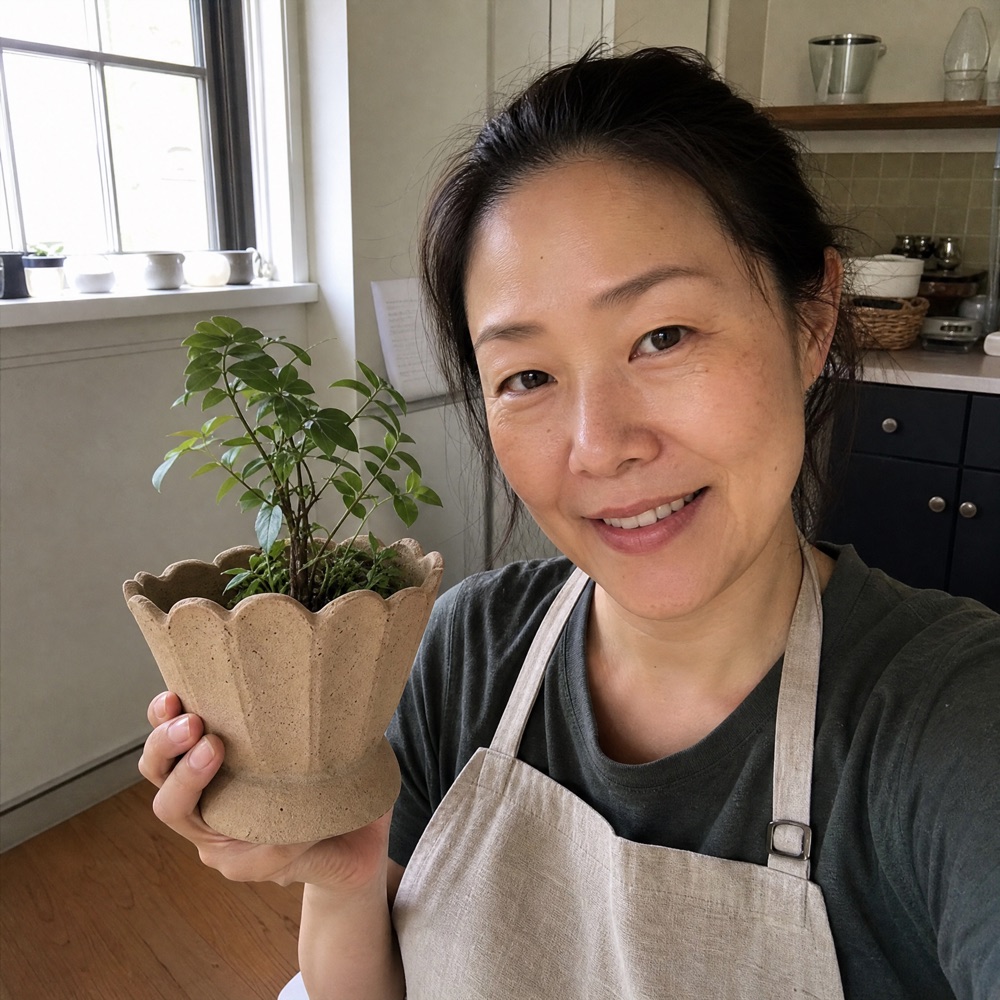 Theresa D. holding her handmade ceramic piece at home