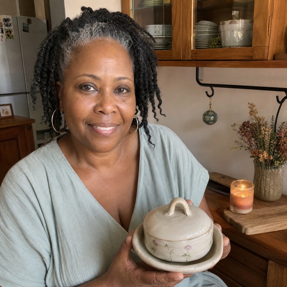 Yvonne B. holding her handmade ceramic piece at home